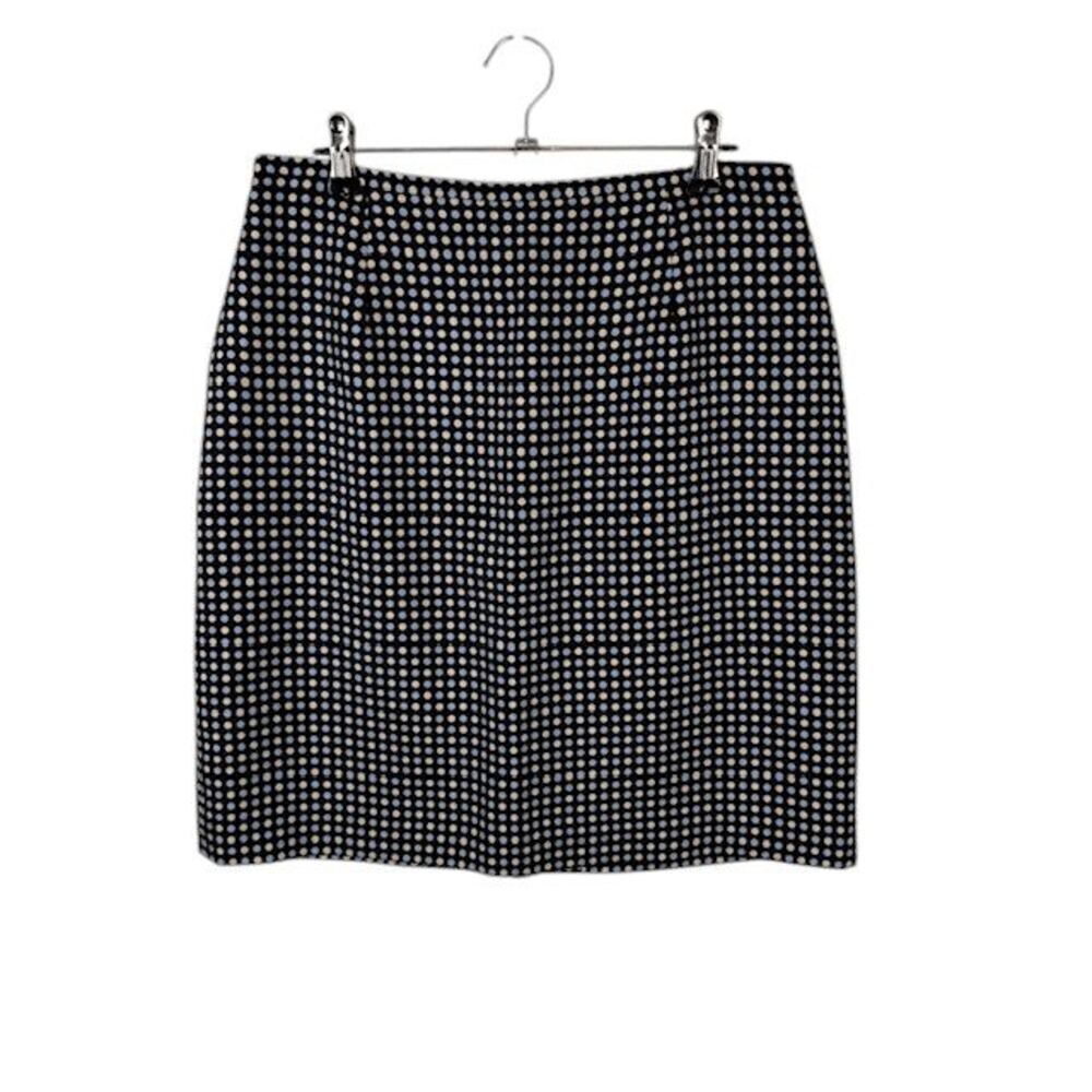 Ann Taylor 100% Silk Pencil Skirt Black with Blue / Cream Polkadots Size 8P